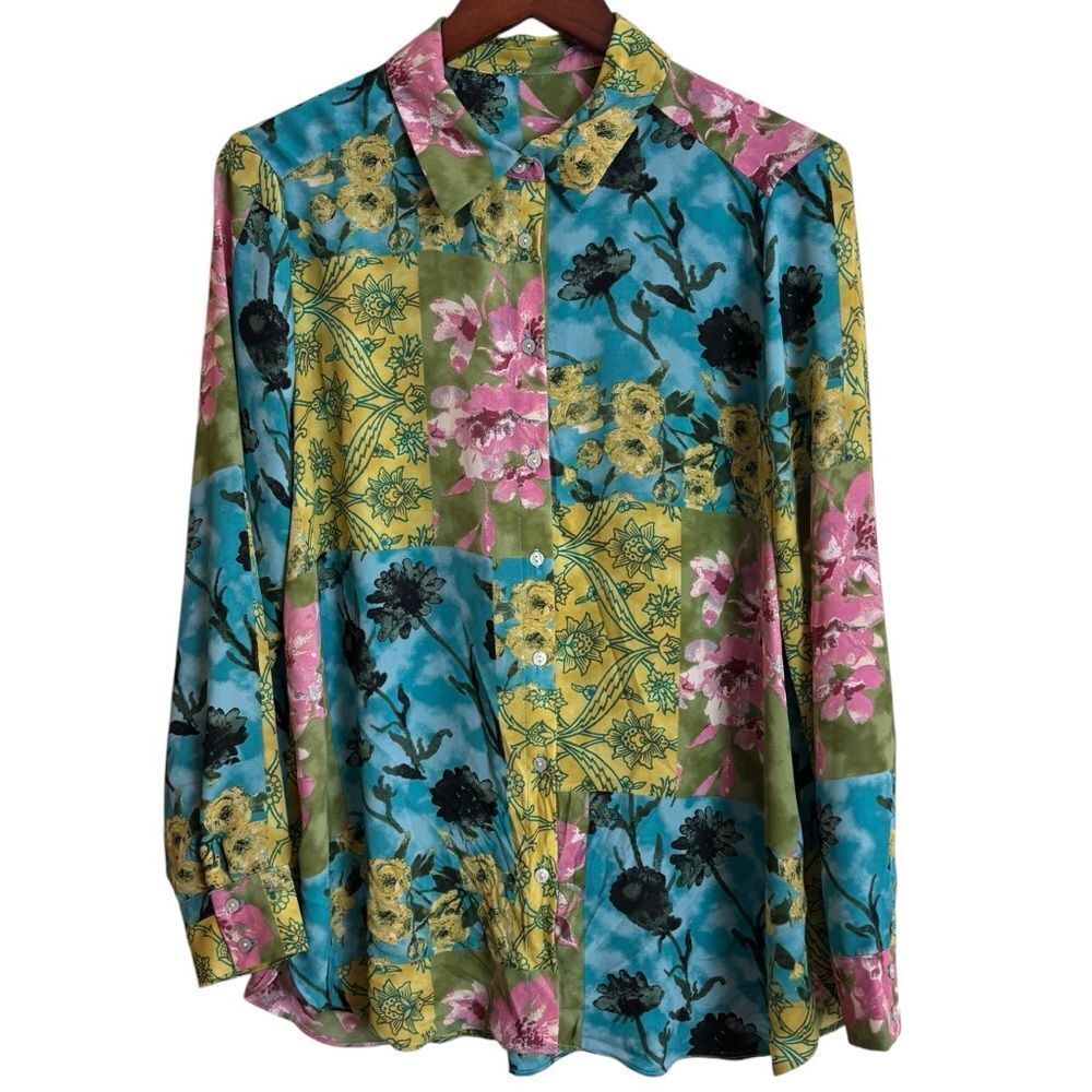 Colorful Patchwork Mixed Print Floral Button Front Blouse Shirt Large Flowy